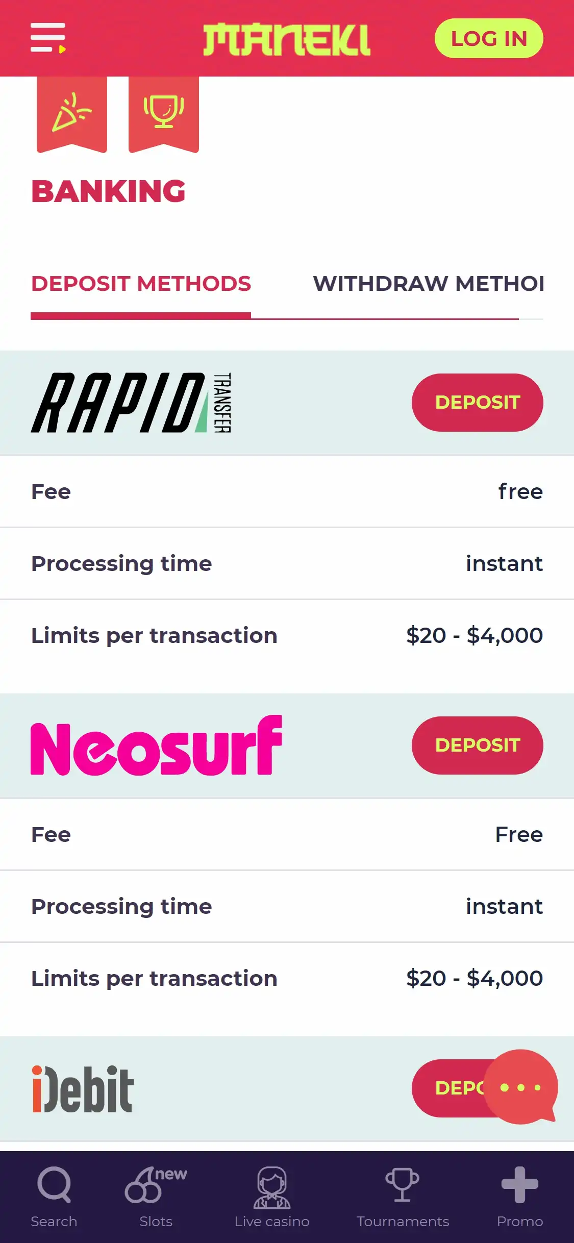 Maneki Casino Mobile Payment Methods Review