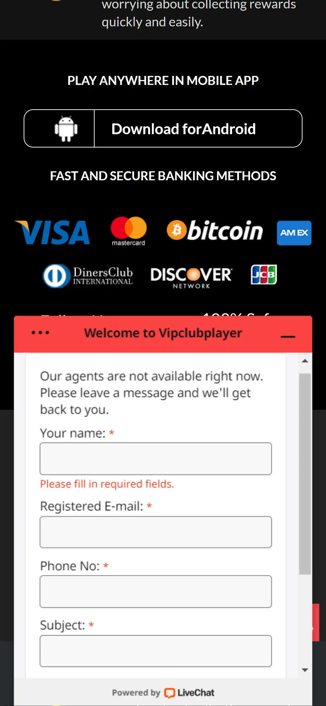 VIP Club Player Casino Mobile Support Review