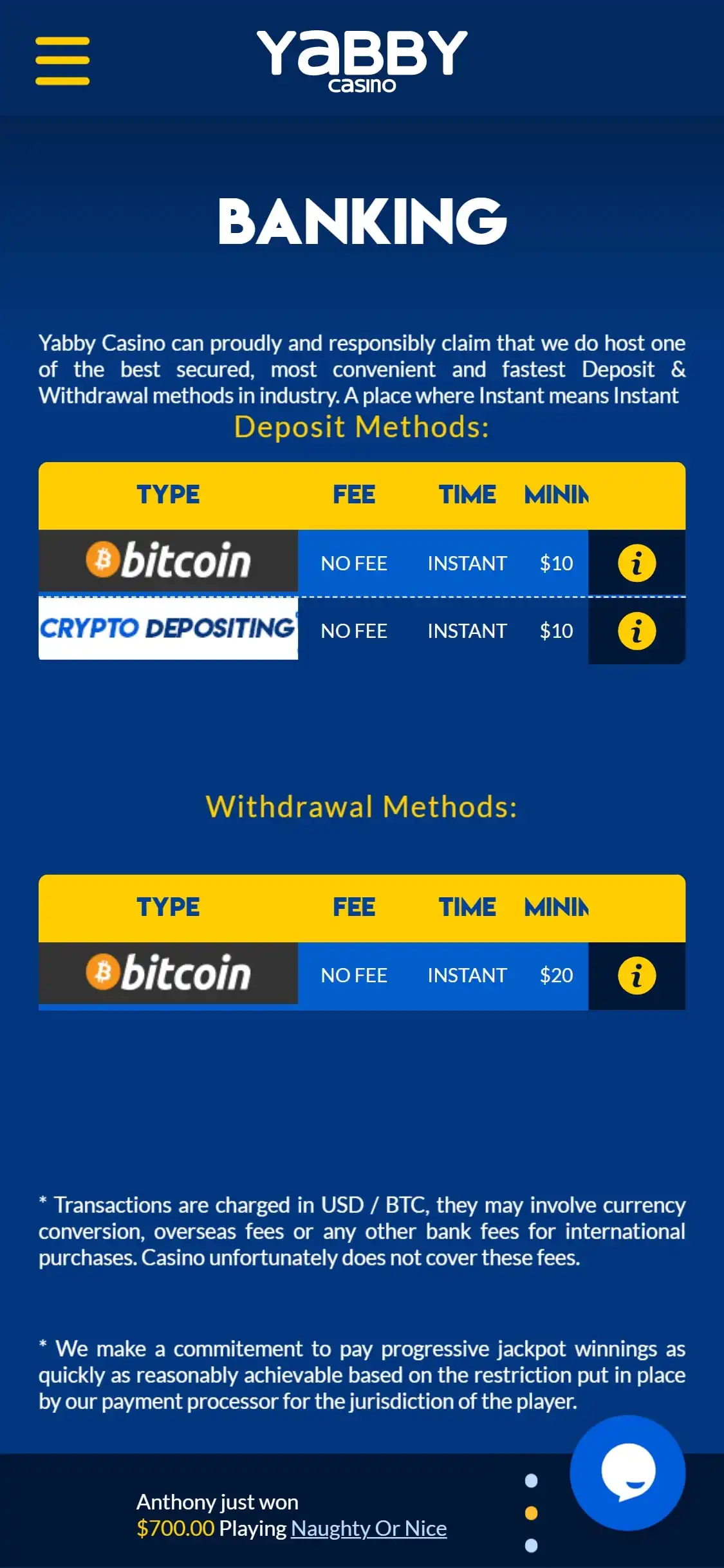 Yabby Casino Mobile Payment Methods Review